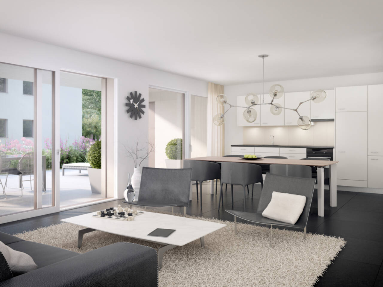 Neubau Sunnefeld -  Innenvisualisierung - "Offenes Wohnen" 31/2 Zimmer Gartenwohnung