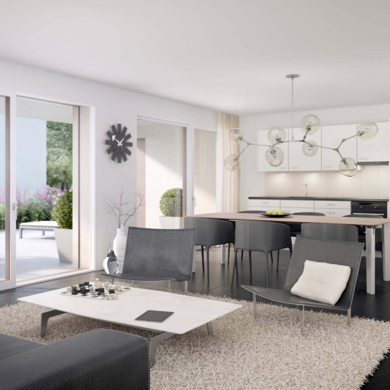 Neubau Sunnefeld -  Innenvisualisierung - "Offenes Wohnen" 31/2 Zimmer Gartenwohnung