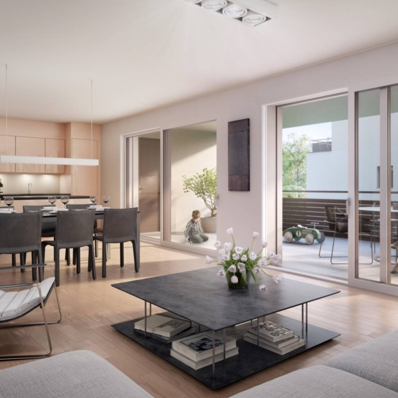 Neubau Sunnefeld - Innenvisualisierung - "Offenes Wohnen" 41/2 Zimmer Wohnung mit grossem Balkon