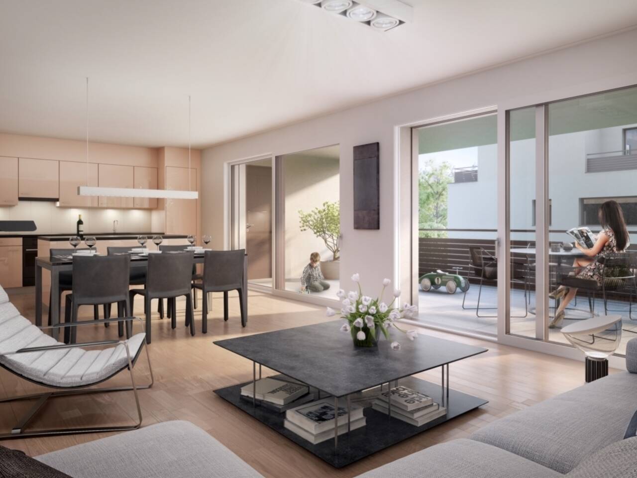 Neubau Sunnefeld - Innenvisualisierung - "Offenes Wohnen" 41/2 Zimmer Wohnung mit grossem Balkon